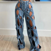 CM.YAYA Women Vintage Cutout Hollow Out Criss Cross Straight Denim Pants 2024 Fashion INS High Waist Wide Leg Jeans Trousers Natalia Home Fashion    Natalia Home Fashion