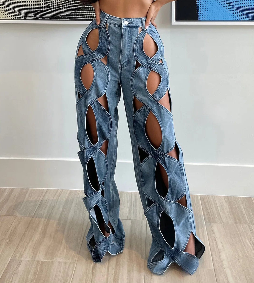 CM.YAYA Women Vintage Cutout Hollow Out Criss Cross Straight Denim Pants 2024 Fashion INS High Waist Wide Leg Jeans Trousers Natalia Home Fashion    Natalia Home Fashion