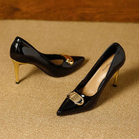 French Style Single Shoes Spring Women Pumps New Pointed Toe Shallow Mouth Metallic Buckle Commuting Shoes Stiletto Single Shoes