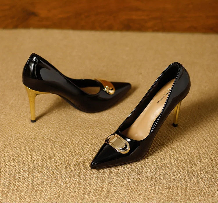 French Style Single Shoes Spring Women Pumps New Pointed Toe Shallow Mouth Metallic Buckle Commuting Shoes Stiletto Single Shoes