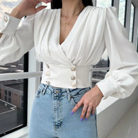 Women's Sexy V-neck Long Sleeved Short Waist Wrapped Bubble Sleeve Solid Shirt
