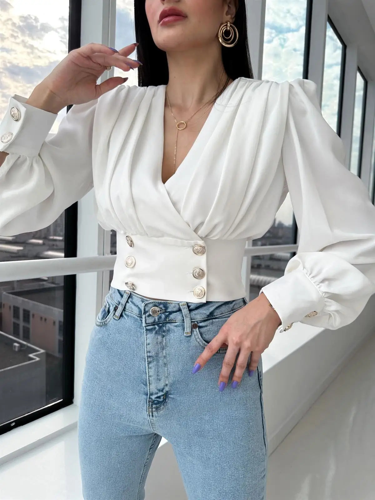 Women's Sexy V-neck Long Sleeved Short Waist Wrapped Bubble Sleeve Solid Shirt