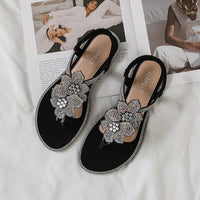 Womens Bohemian Floral Rhinestone Sandals Elegant Crystal Flower Décor Elastic Ankle Strap Soft Cushioned Insole Non Slip Sole