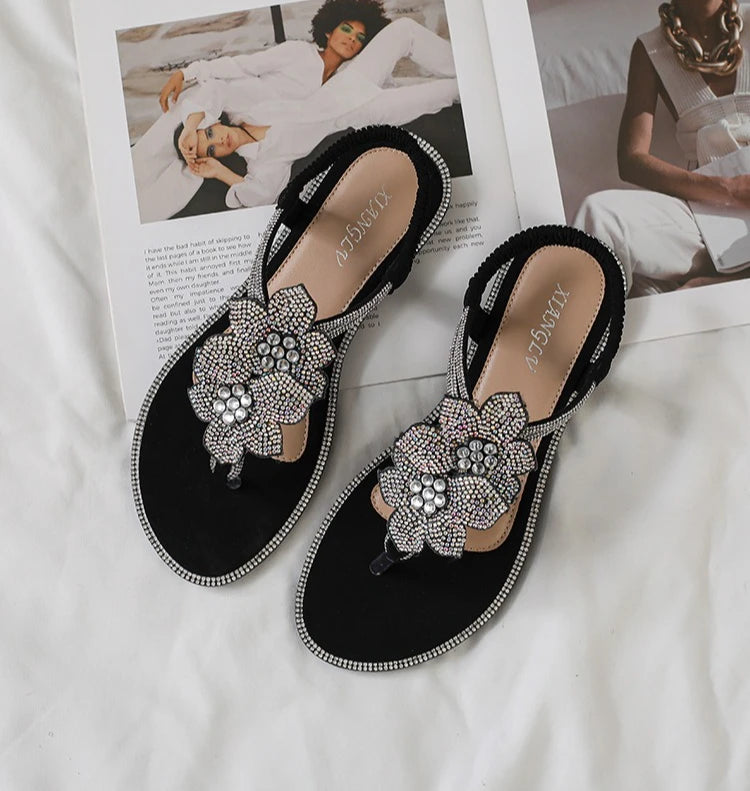 Womens Bohemian Floral Rhinestone Sandals Elegant Crystal Flower Décor Elastic Ankle Strap Soft Cushioned Insole Non Slip Sole