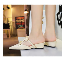 French Wedge Heel Pointed Head Sandals Versatile Bow Medium Heel Half Slippers Women