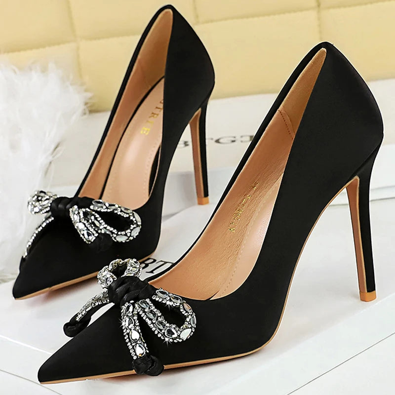 Bowknot Rhinestone Women Pumps silks satins High Heels Stiletto 10.5 cm Luxury banquet shoes Women - Natalia Home Fashion