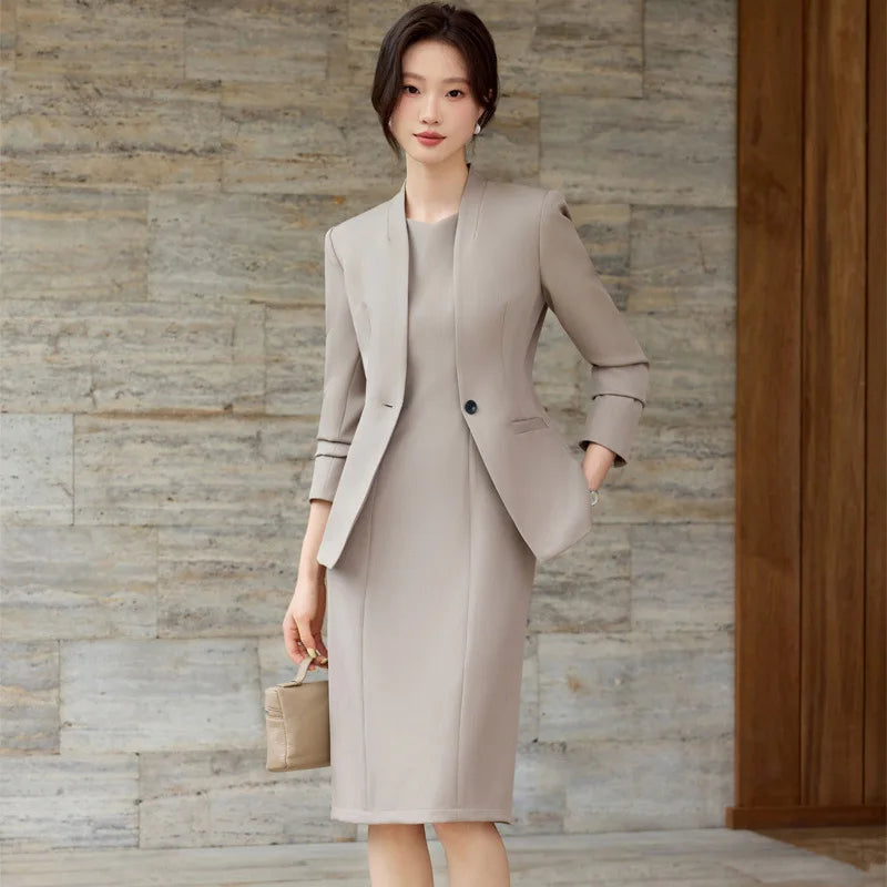 Elegant Professional Suit Dress Two-Piece Set Workwear Beauty Salon Uniform Long Sleeve Formal Outfit Polyester Fiber