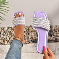 Women Luxury Pearl Slippers Square Toe Beach Flat Sandals Comfortable Non Slip Slippers  Slides Women