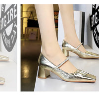 Heels Women Fashion CRYSTAL Pearl Pumps Square Toe Stripper Elegant Party Square Heel Ladies Shoes