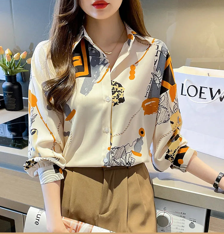 Spring Chiffon Shirt Women's Long-sleeved Printed Color Niche Chiffon