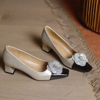Rhinestone Camellia Flower Women's Shoes Square Toe Thick Heels 5cm Ladies Pumps Party Shoes