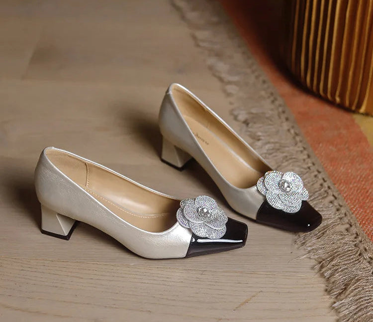 Rhinestone Camellia Flower Women's Shoes Square Toe Thick Heels 5cm Ladies Pumps Party Shoes