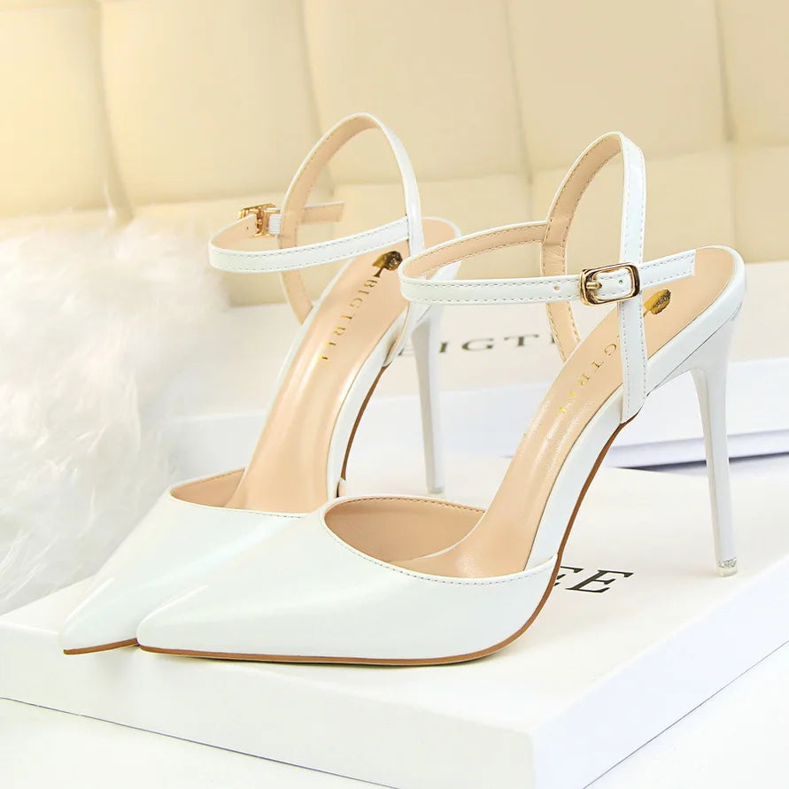 Women 10.5cm High Heels Sandals Lady Metallic Gray Patent Leather Stripper Ankle Strap Sandals Wedding Fetish Nightclub Shoes