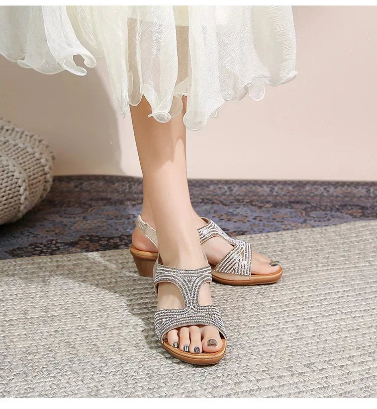 Bohemian Water Diamond Slope Heel Sandals Casual Outdoor Wear Retro Style Synthetic Material Comfortable Commuting Versatile
