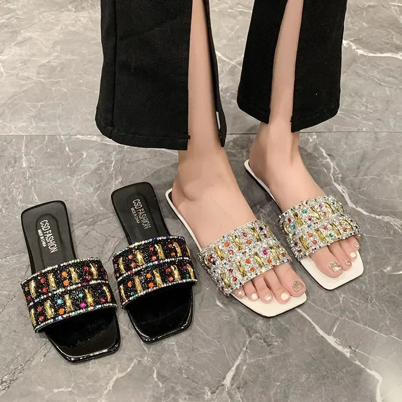 Slippers for Women Shiny Rhinestone Sandals Women Outdoor Beach Casual Shoes Sexy Fashion Flats