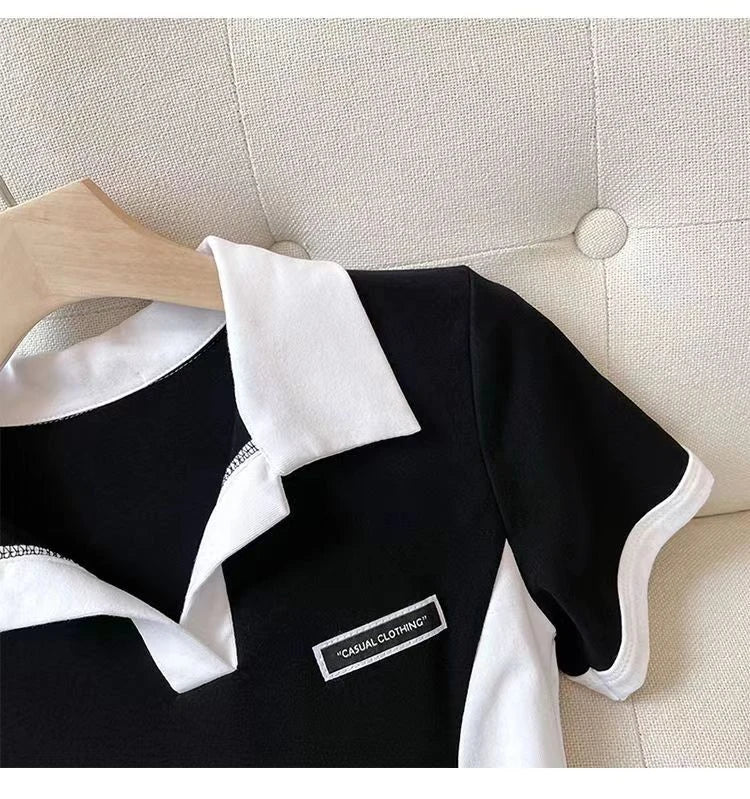 Women Polo Collar Dress Elegant Color block Short Sleeve Bodycon Midi Dress Casual Slim Fit T Shirt Dresses for Women