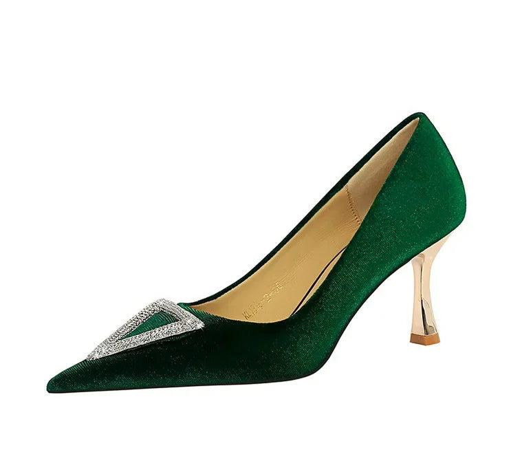 Designer Women Heels Prom Pumps Lady Velvet Pointed Toe 7cm Thin High Heels Pearl Crystal Buckle Shoes