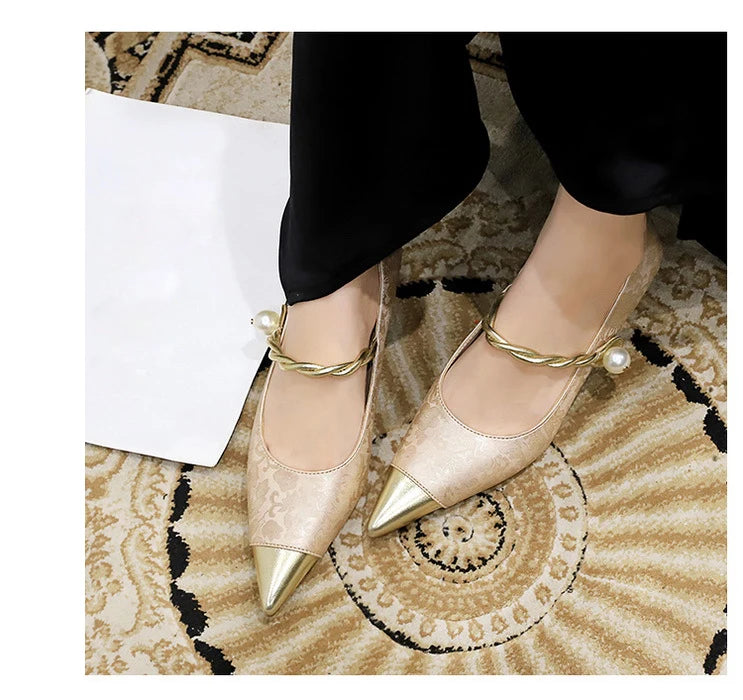 Metal Decoration Buckle Strap Women's Low Thin Heels Pumps Pointed Toe Wedding Party Shoes