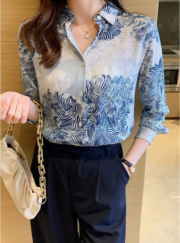 French Printed Lapel Shirt Long Sleeve Loose Mulberry Silk Top Temperament Commuting Shirt Women's Summer Style