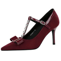 Banquet Bow Rivet T-button Pointed Head High Heel Women's Single Shoes