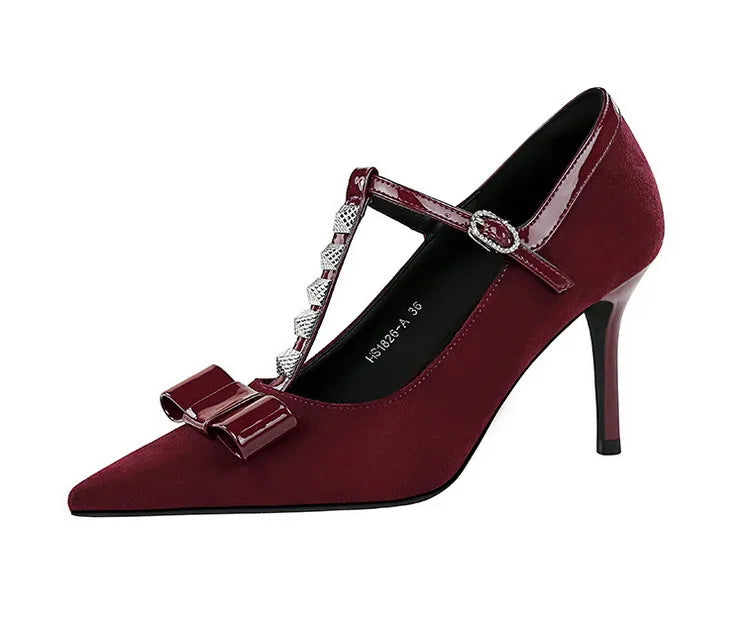 Banquet Bow Rivet T-button Pointed Head High Heel Women's Single Shoes
