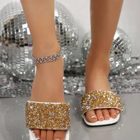 Women's Sandals Flat Bottom Slip-On Shoes Crystal Shiny Sequin Style Square Head Open-Toe Flat Heels