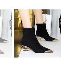 Street Style Fur Metal Hollow Heel Modern Faux Suede Short Boots for Women Metal Pointed Toe Low Heel Boots Female