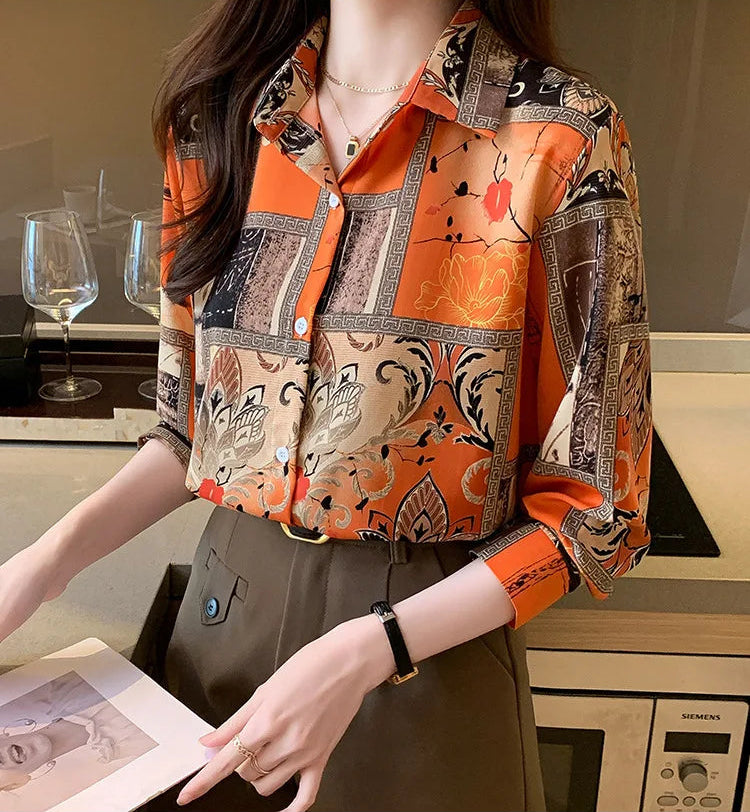Slim Floral Long-sleeved Shirt Loose Printed Top for Women