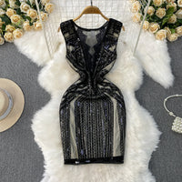 Sexy Sleeveless V-neck mesh sequin Bodycon Dress Chic Women Slim Women Slip Dress
