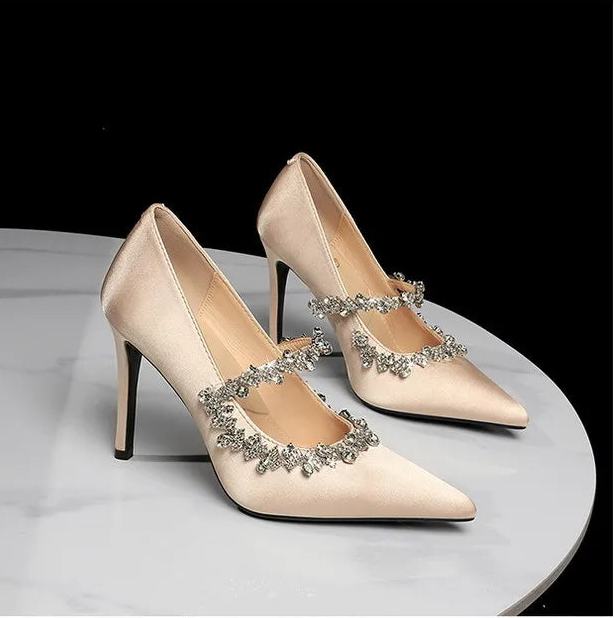 Elegant French Style High Heels Women's Satin Pointed Toe Shoes with Water Diamond Decoration Thin Heel Single Shoes
