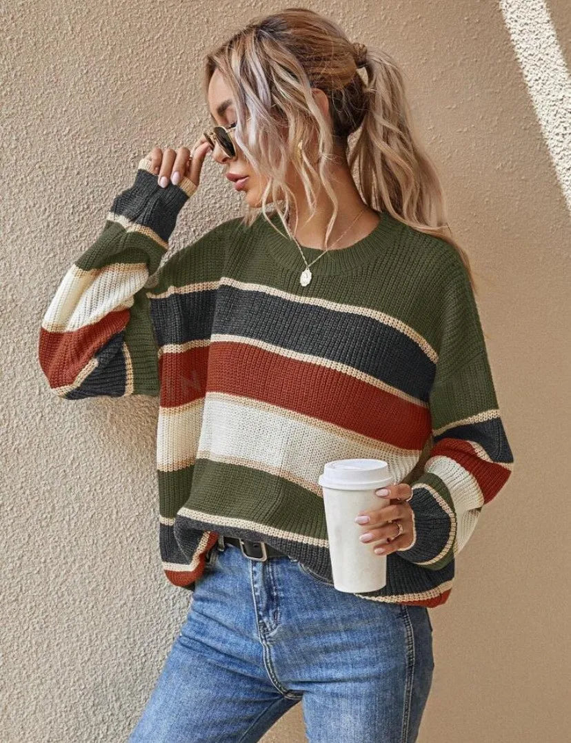 Women's Winter Clothing Oversized Striped Round Neck Ribbed Casual Sweater for Women Women's And Female Clothing Women's Winter Natalia Home Fashion    Natalia Home Fashion