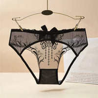Low Waist Bowknot Lace Hollow Briefs Thin Leaf Flower Mesh Transparent Panties Underpants Open Cotton Crotch
