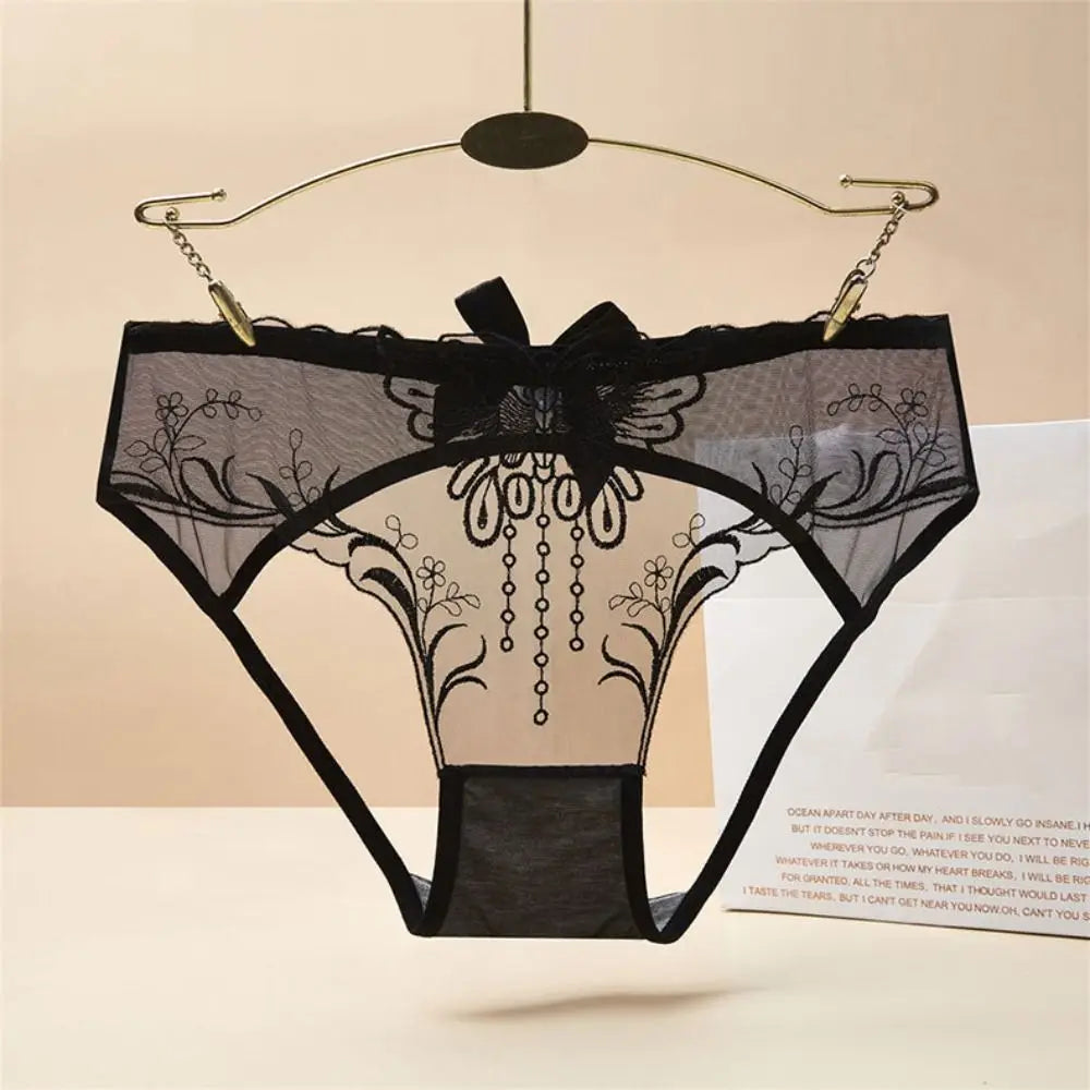 Low Waist Bowknot Lace Hollow Briefs Thin Leaf Flower Mesh Transparent Panties Underpants Open Cotton Crotch