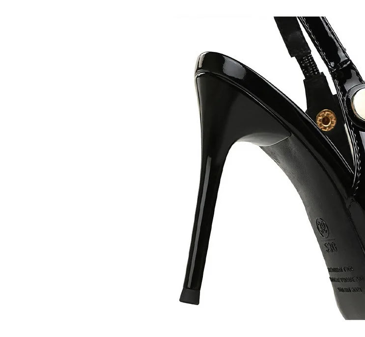 Fashion Women Pointed Toe Patent Leather High Heels Shallow Vamp Rhinestone Decorated Backless Strap Dress Shoes
