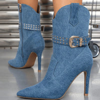 Denim Winter Women's Pointed Sexy Side Zipper, Thin Heel, Ultra High Heel, Leg Show, Long Fashion Short Boots for Women