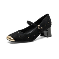 Retro Square Head Mary Jane Shoes Women Comfortable Slip-On High Heels Casual Velvet Upgraded Rubber Sole