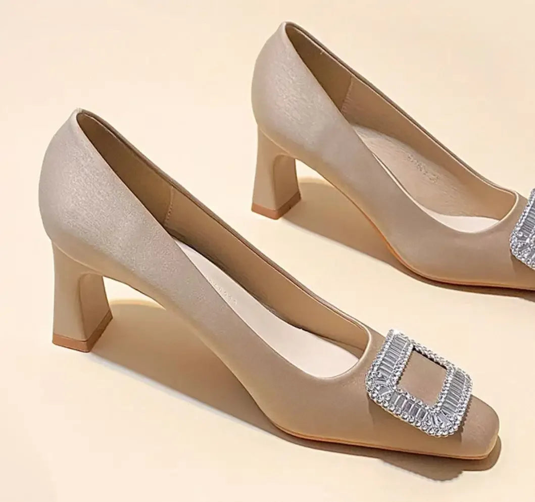 Women's Slip-On Chunky Medium Heel Versatile Boat Shoes Square Buckle Rhinestone Single Shoes
