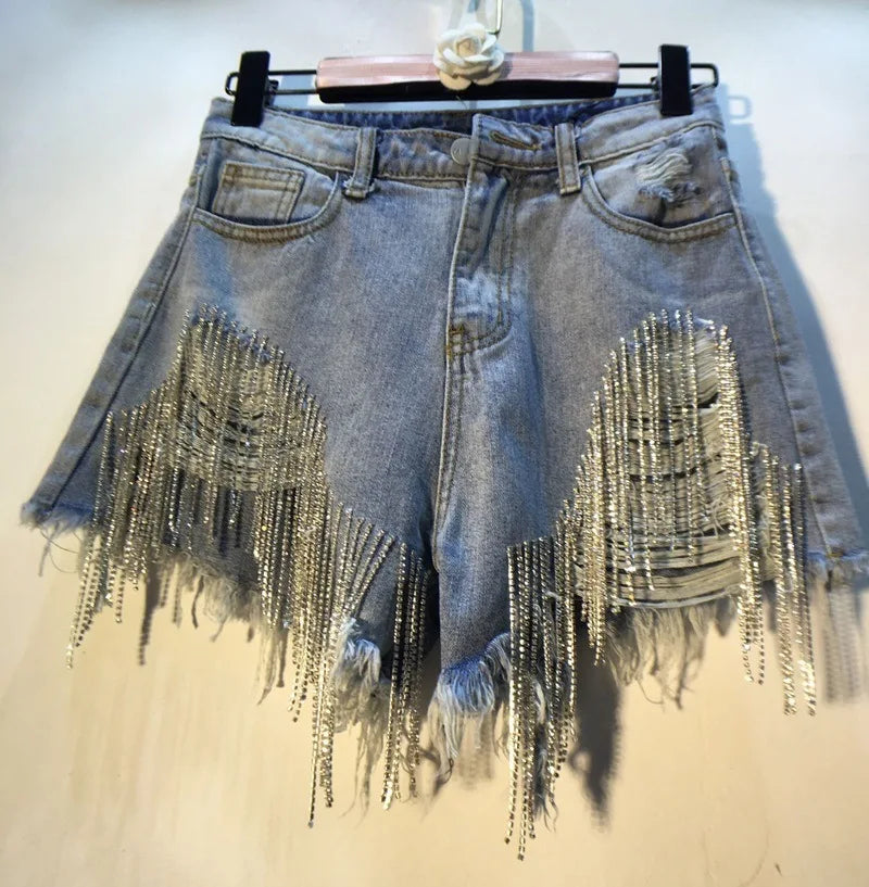 Denim Shorts Women Hole Ripped Jeans Tassels Diamonds Sexy Washed Distressed High Waist Streetwear Straight Short Pants