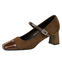 Leopard Print Women Pumps Suede Middle Heel Shoes Sexy Mary Jane Shoes Rhinestone Buckle Ladies Shoe Square Head