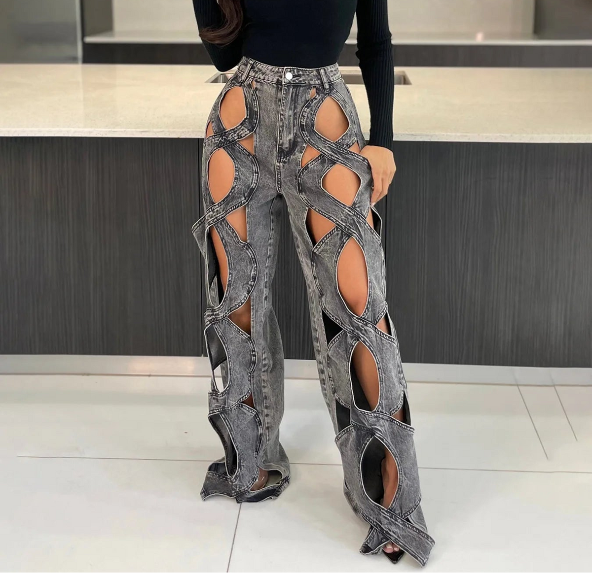 CM.YAYA Women Vintage Cutout Hollow Out Criss Cross Straight Denim Pants 2024 Fashion INS High Waist Wide Leg Jeans Trousers Natalia Home Fashion    Natalia Home Fashion