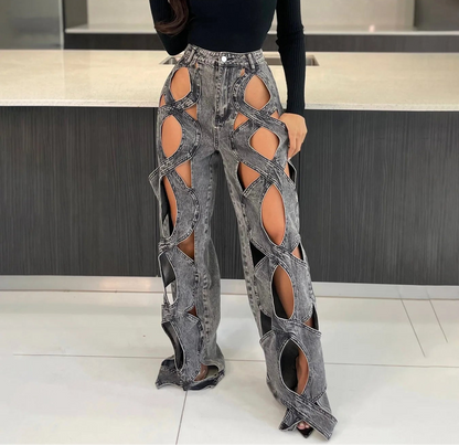 CM.YAYA Women Vintage Cutout Hollow Out Criss Cross Straight Denim Pants 2024 Fashion INS High Waist Wide Leg Jeans Trousers Natalia Home Fashion    Natalia Home Fashion