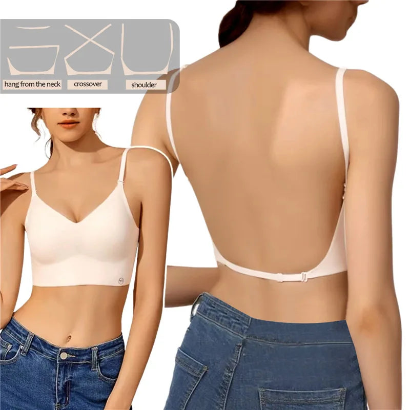 Women Invisible Bra Deep U Plunge Bras Backless Top for Dresses Sexy Lingerie with Transparent Strap Push Up Strapless Under wear