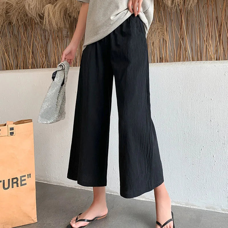 Casual Baggy Wide Leg Trousers Women Summer Thin Comfy Breathable Ankle Length Pants Vintage Loose Cotton Linen Straight Pants