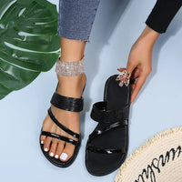 Women's Fashion Patent Leather Flat Heel Sandals Bling Rhinestone Narrow Band Beach Casual Slippers