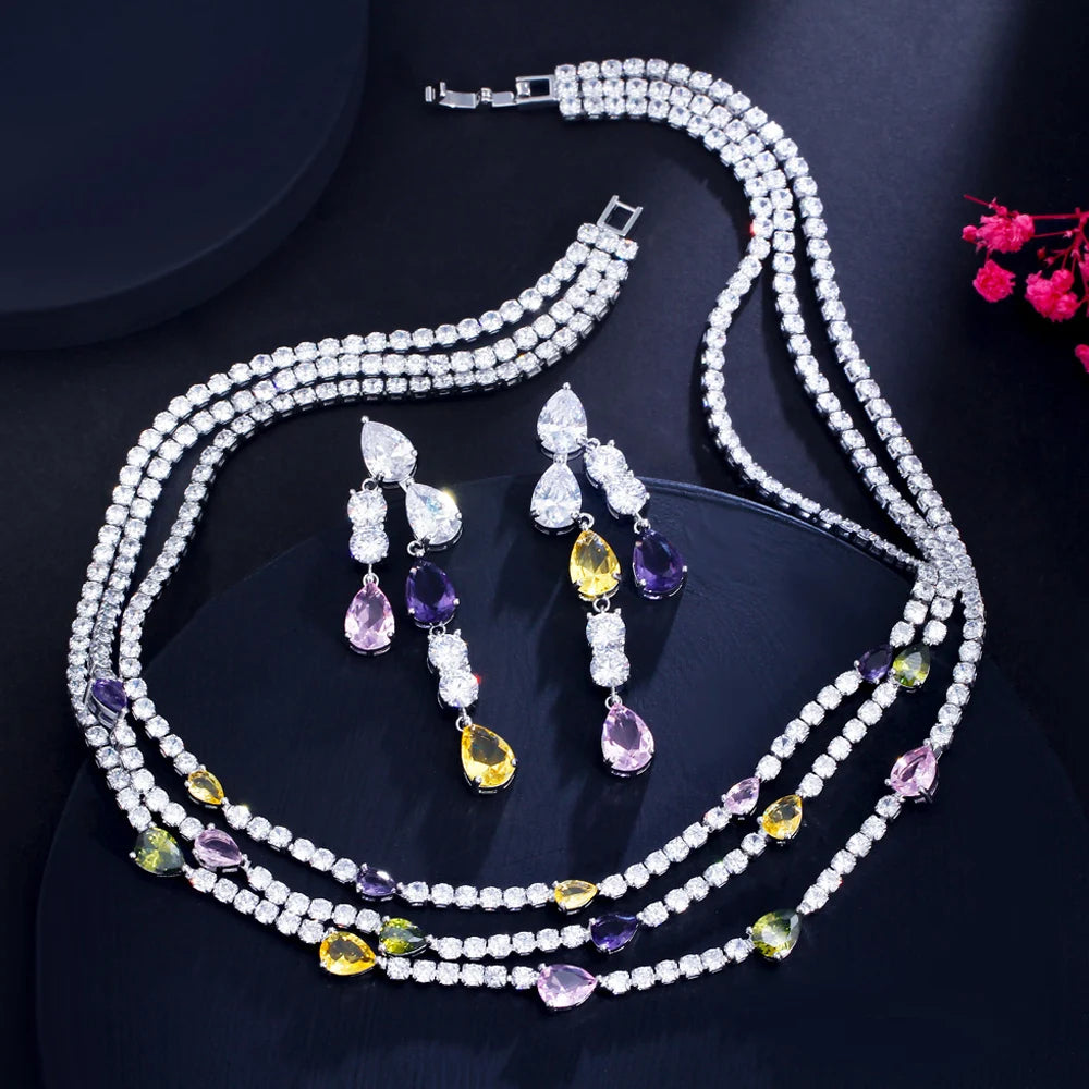 ThreeGraces Shiny Colorful Cubic Zirconia 3 Rows Multi Layer Bridal Wedding Choker Necklace Earrings Jewelry Set for Women TZ784 Natalia Home Fashion    Natalia Home Fashion
