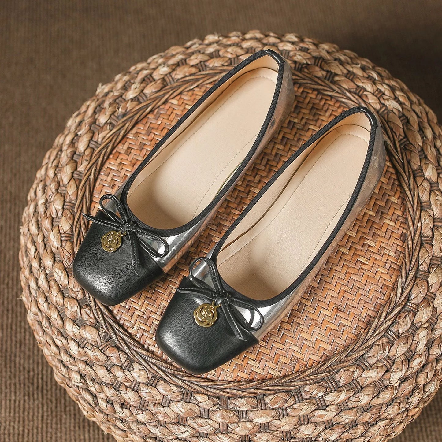 Woman Bowknot Square Toe Lolita Kawaii Lady Barefoot Boat Flats Metal Elegant Ballerina Party Mary Jane Shoes