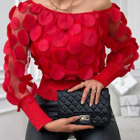 Fashion Women's Shirt Floral Pattern Shirred Sheer Mesh Patch Long Sleeve Off The Shoulder Gigot Sleeve Top
