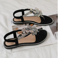 Womens Bohemian Floral Rhinestone Sandals Elegant Crystal Flower Décor Elastic Ankle Strap Soft Cushioned Insole Non Slip Sole
