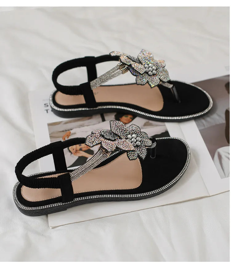 Womens Bohemian Floral Rhinestone Sandals Elegant Crystal Flower Décor Elastic Ankle Strap Soft Cushioned Insole Non Slip Sole