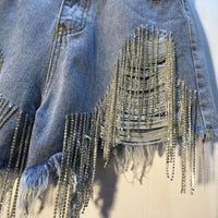 Denim Shorts Women Hole Ripped Jeans Tassels Diamonds Sexy Washed Distressed High Waist Streetwear Straight Short Pants